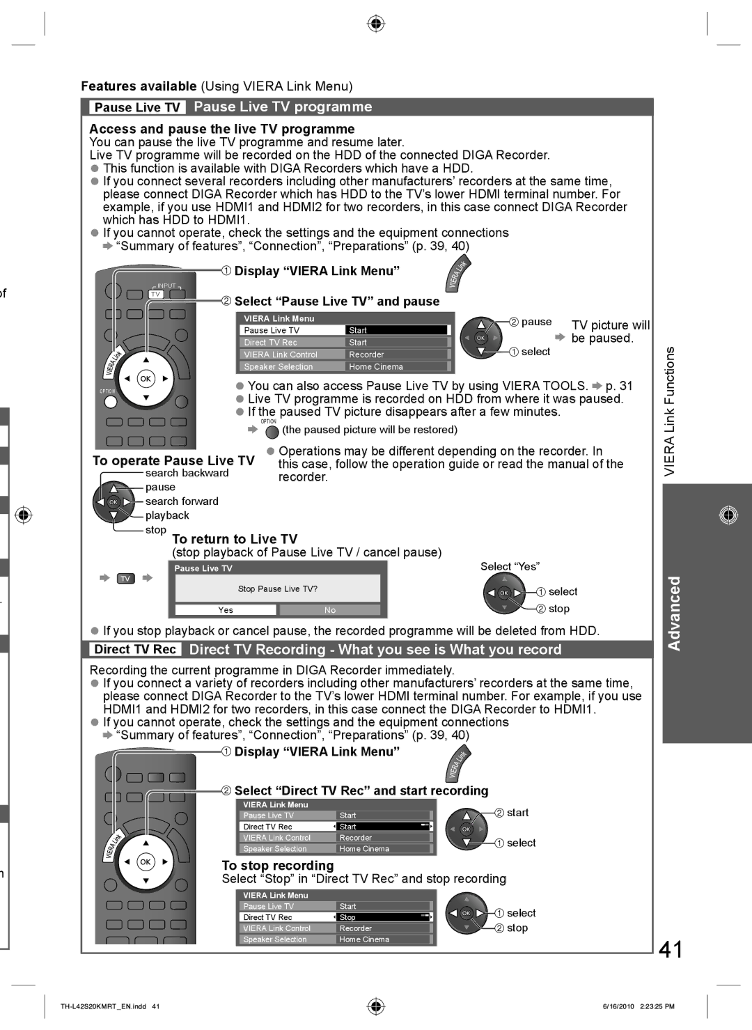 Panasonic TH-L42S20R, TH-L42S20T, TH-L42S20M, TH-L42S20K manual Pause Live TV Pause Live TV programme, To stop recording 