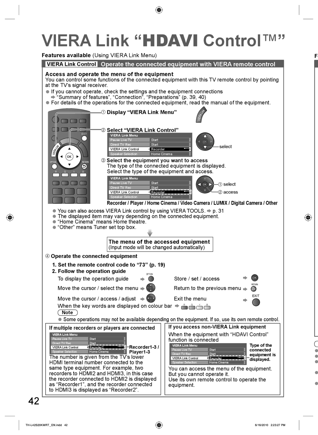 Panasonic TH-L42S20M, TH-L42S20T, TH-L42S20R, TH-L42S20K manual Viera Link Hdavi Control 