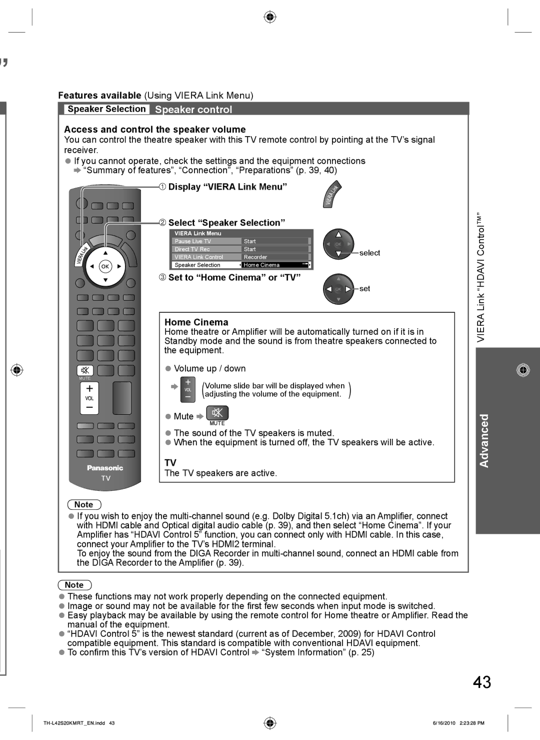 Panasonic TH-L42S20K, TH-L42S20T, TH-L42S20R, TH-L42S20M Select Speaker Selection, Link Hdavi Control, Home Cinema, Mute 