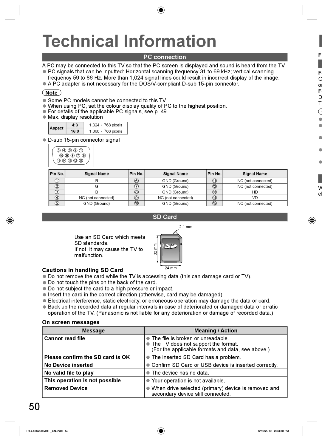 Panasonic TH-L42S20M, TH-L42S20T, TH-L42S20R, TH-L42S20K manual PC connection, SD Card 