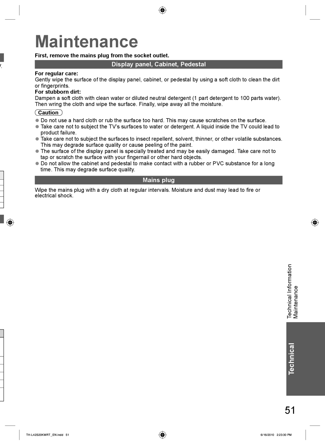 Panasonic TH-L42S20K, TH-L42S20T, TH-L42S20R, TH-L42S20M manual Maintenance, Display panel, Cabinet, Pedestal, Mains plug 