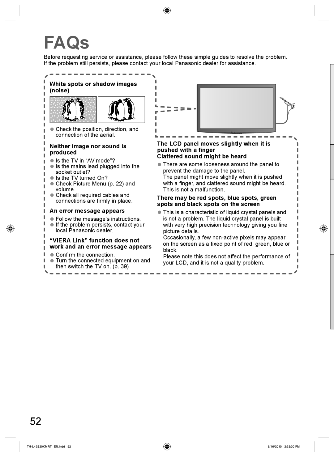 Panasonic TH-L42S20T FAQs, White spots or shadow images noise, Check the position, direction, Connection of the aerial 