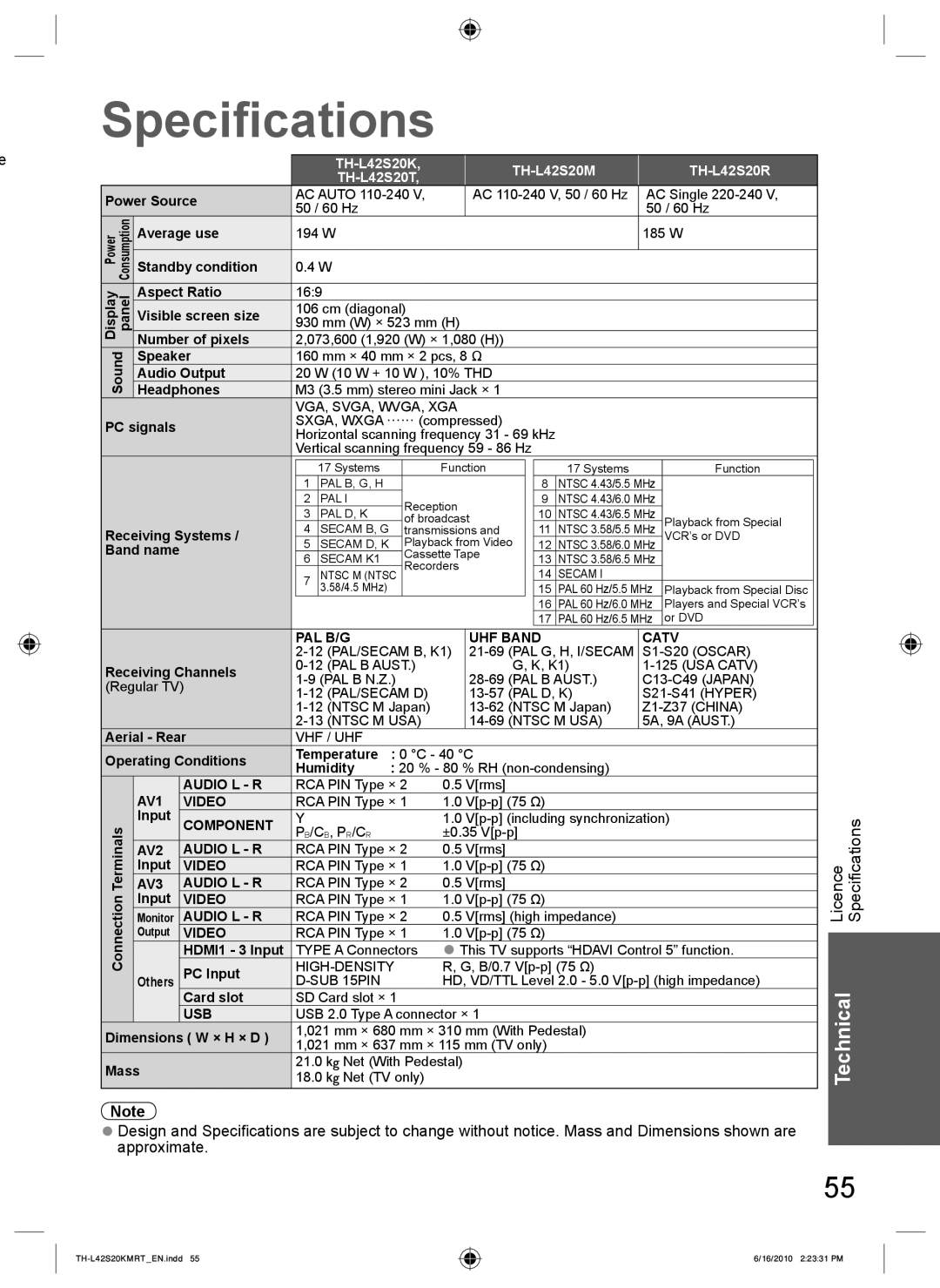 Panasonic TH-L42S20K, TH-L42S20T, TH-L42S20R, TH-L42S20M manual Specifications 