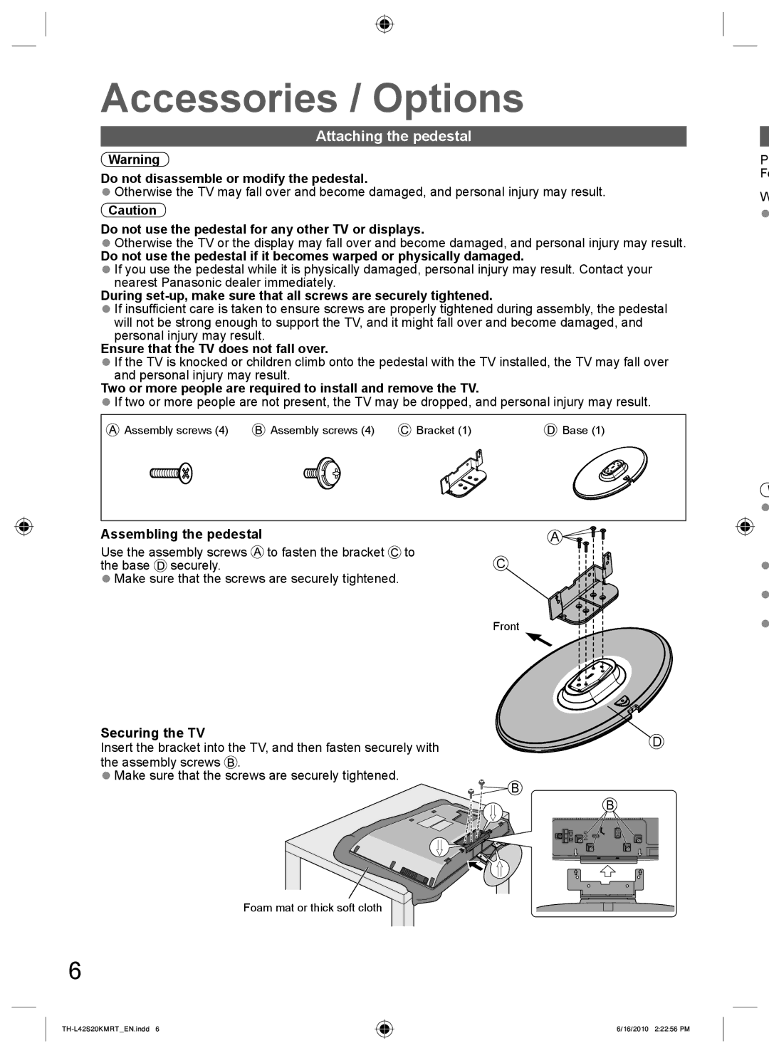 Panasonic TH-L42S20M, TH-L42S20T, TH-L42S20R, TH-L42S20K manual Accessories / Options, Attaching the pedestal 