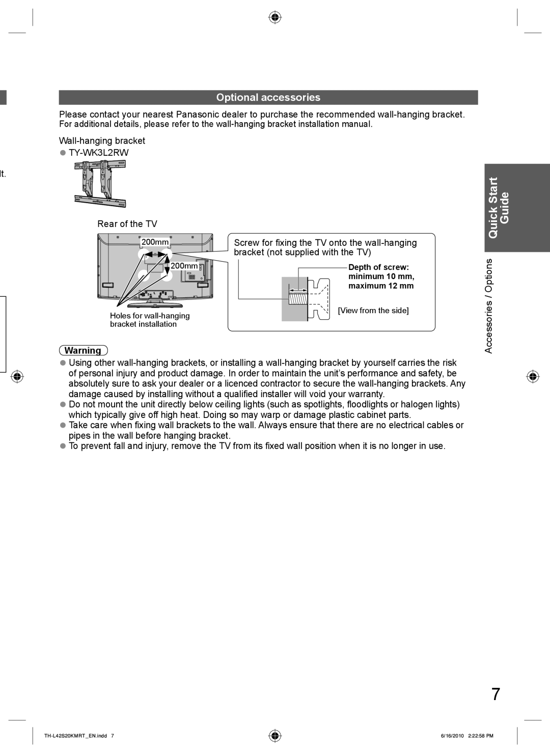 Panasonic TH-L42S20K manual Start Guide, Optional accessories, Rear of the TV, Depth of screw minimum 10 mm, maximum 12 mm 