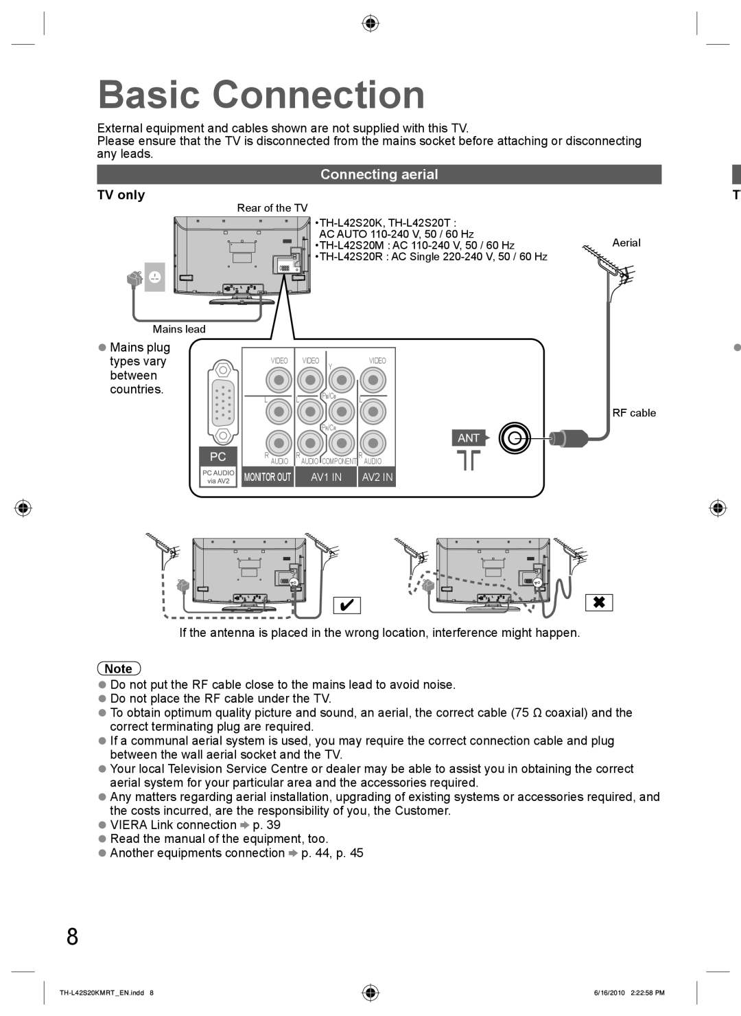 Panasonic TH-L42S20T, TH-L42S20R, TH-L42S20M, TH-L42S20K manual Basic Connection, Connecting aerial, TV only, Mains plug 