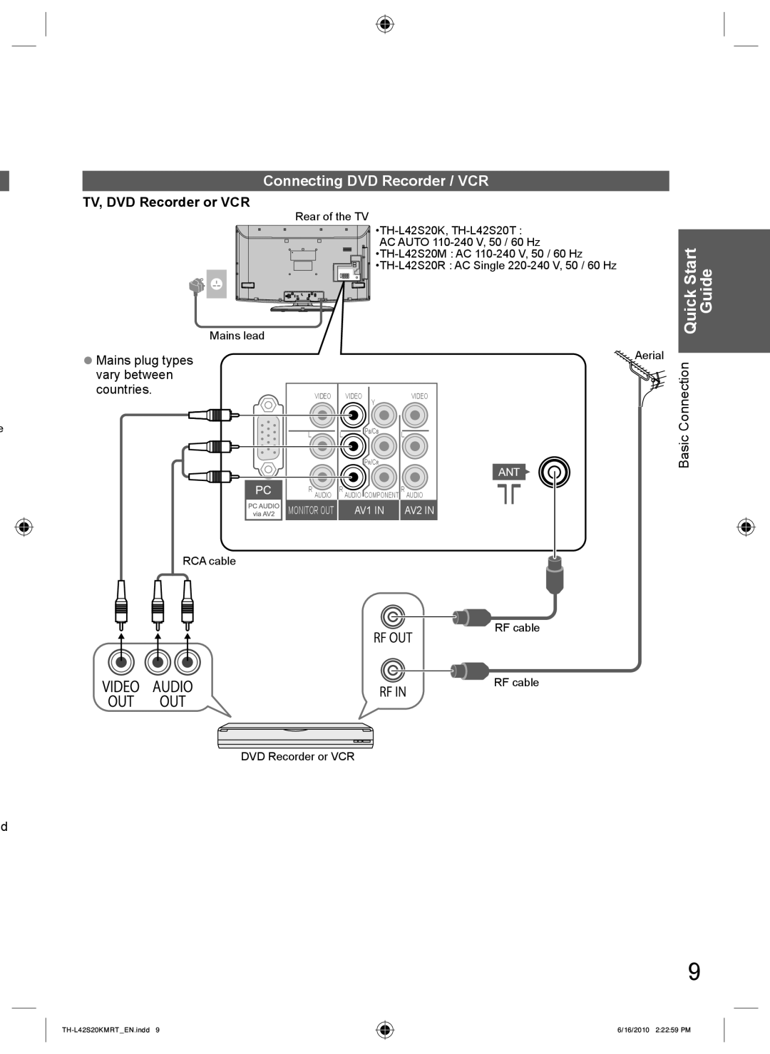 Panasonic TH-L42S20R Guide, Connecting DVD Recorder / VCR, TV, DVD Recorder or VCR, RCA cable RF cable DVD Recorder or VCR 