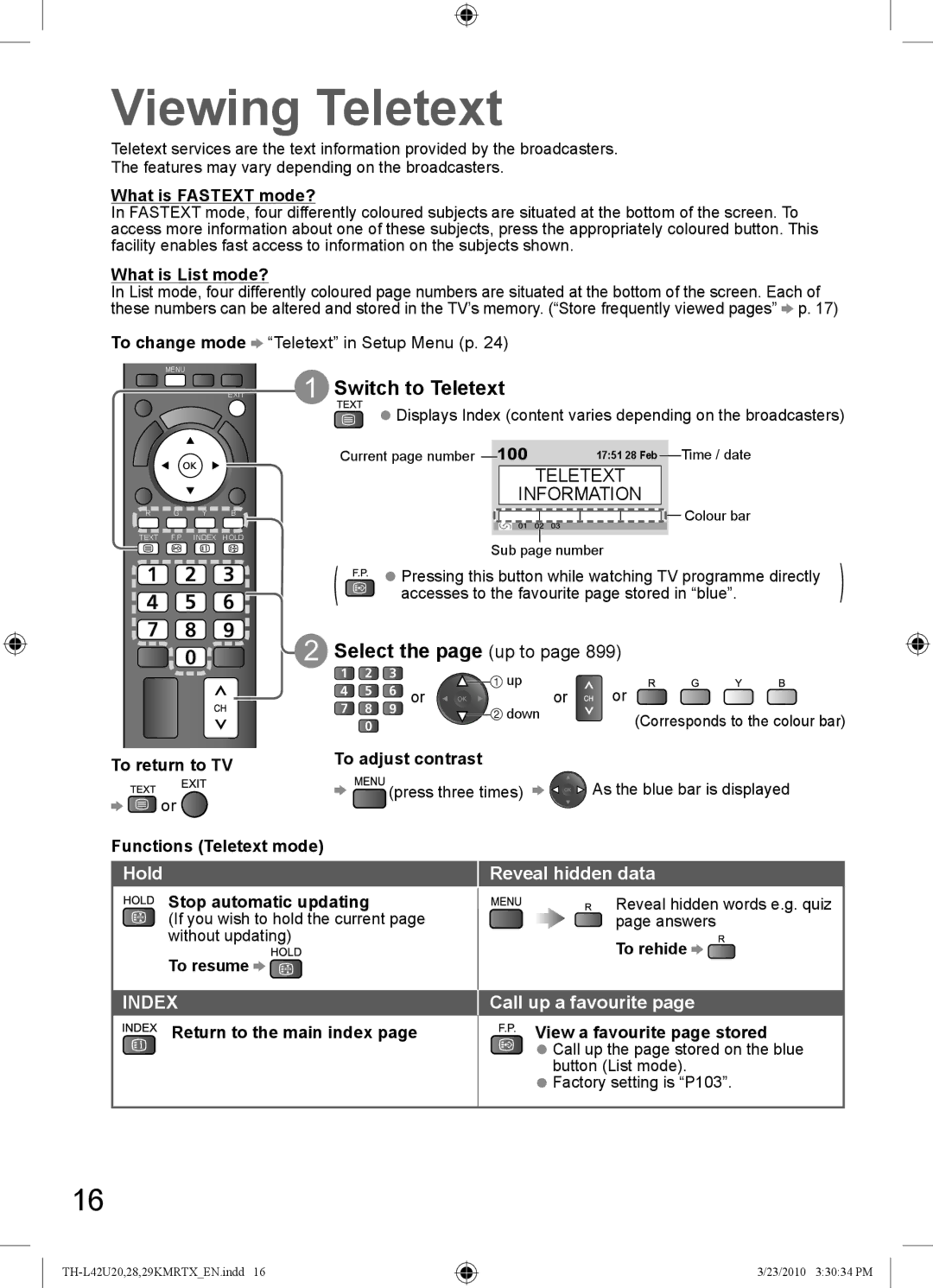 Panasonic TH-L42U20R Viewing Teletext, Switch to Teletext, Select the page up to, Reveal hidden data, Call up a favourite 