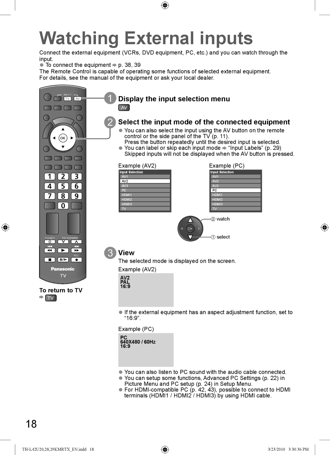 Panasonic TH-L42U20T Watching External inputs, View, To return to TV, Selected mode is displayed on the screen Example AV2 