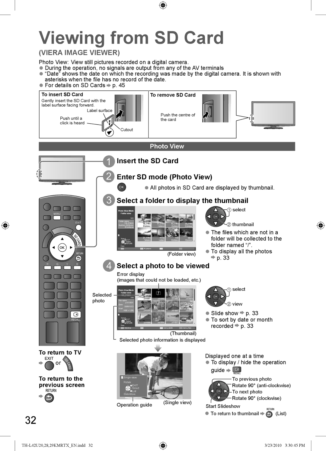 Panasonic TH-L42U20T manual Viewing from SD Card, Insert the SD Card Enter SD mode Photo View, Select a photo to be viewed 