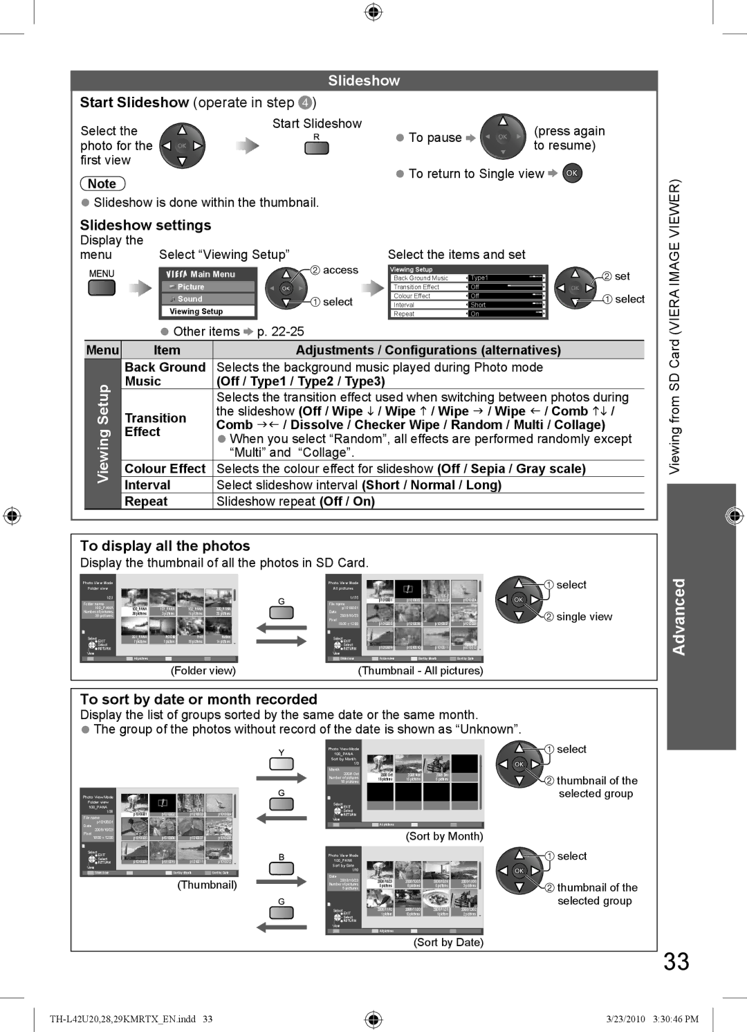 Panasonic TH-L42U28K, TH-L42U29K, TH-L42U20K, TH-L42U20R Slideshow, Select, Display, Viewing from SD Card Viera Image Viewer 