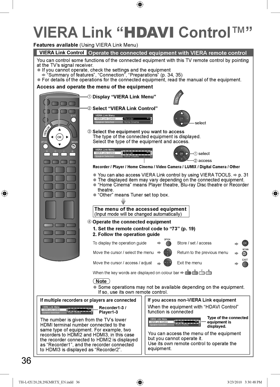 Panasonic TH-L42U20K Viera Link Hdavi Control, Select the equipment you want to access, Menu of the accessed equipment 