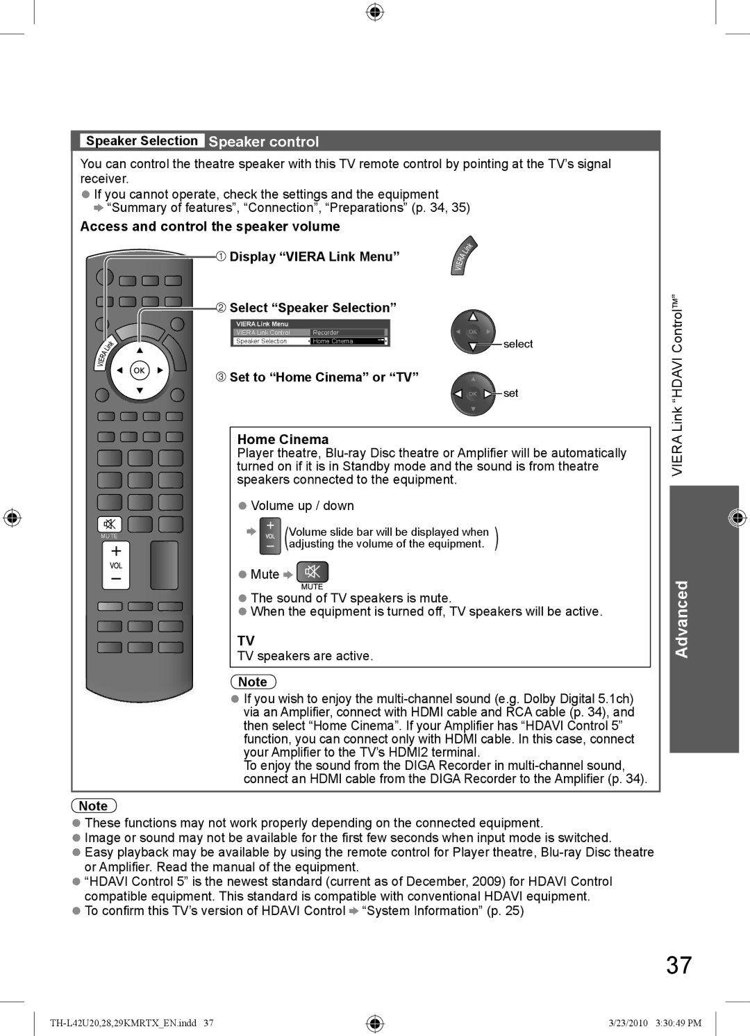 Panasonic TH-L42U20R, TH-L42U29K, TH-L42U20K manual Speaker Selection Speaker control, ControlTM, Set to Home Cinema or TV 