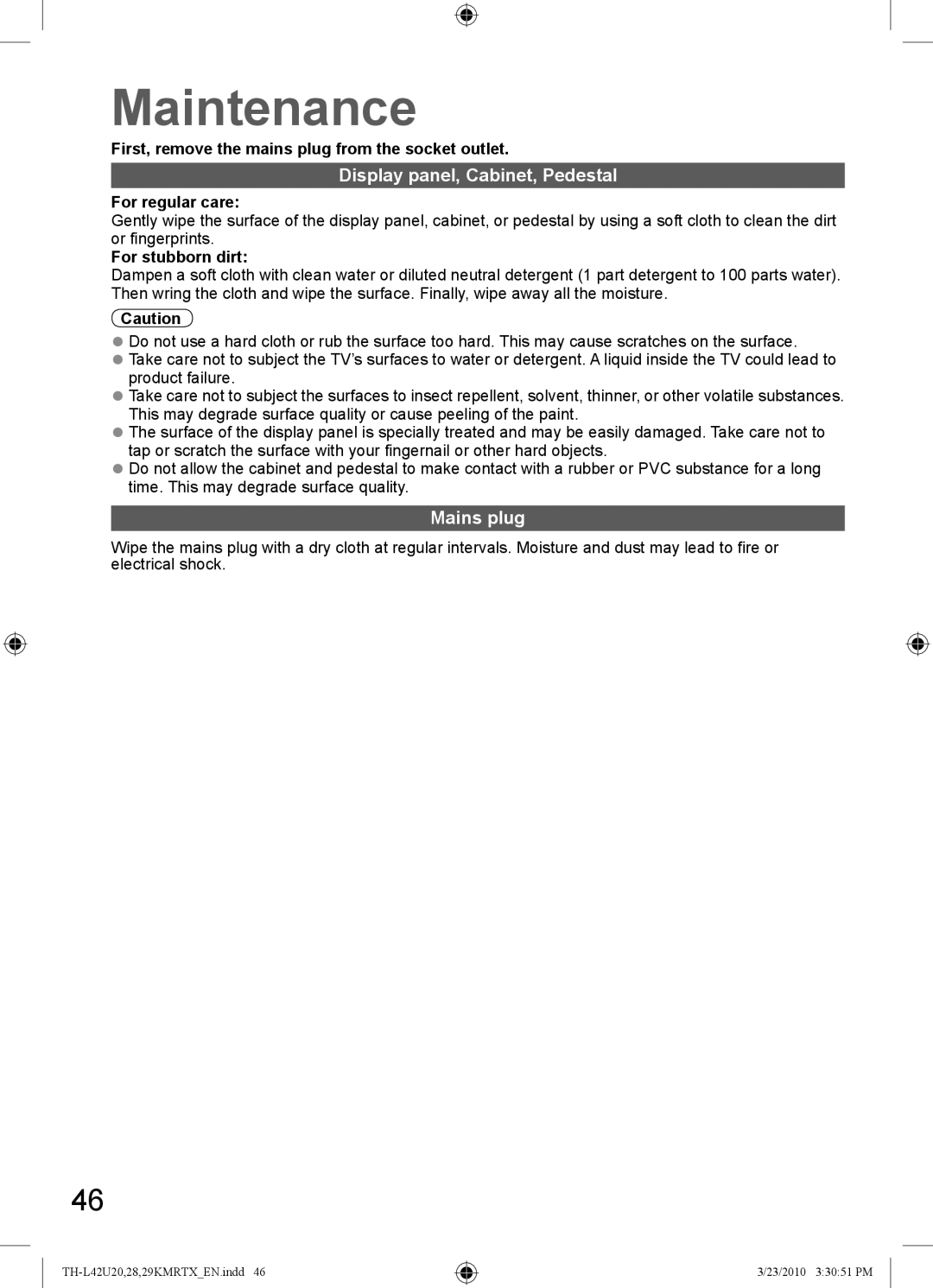 Panasonic TH-L42U20T, TH-L42U29K, TH-L42U20K, TH-L42U20R manual Maintenance, Display panel, Cabinet, Pedestal, Mains plug 