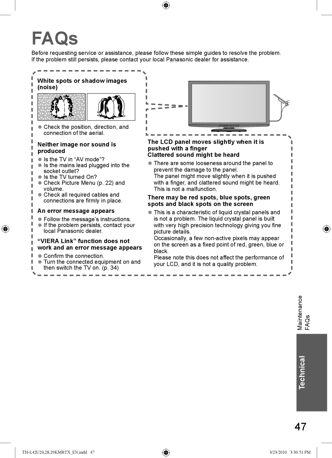 Panasonic TH-L42U28K FAQs, White spots or shadow images noise, Check the position, direction, and connection of the aerial 