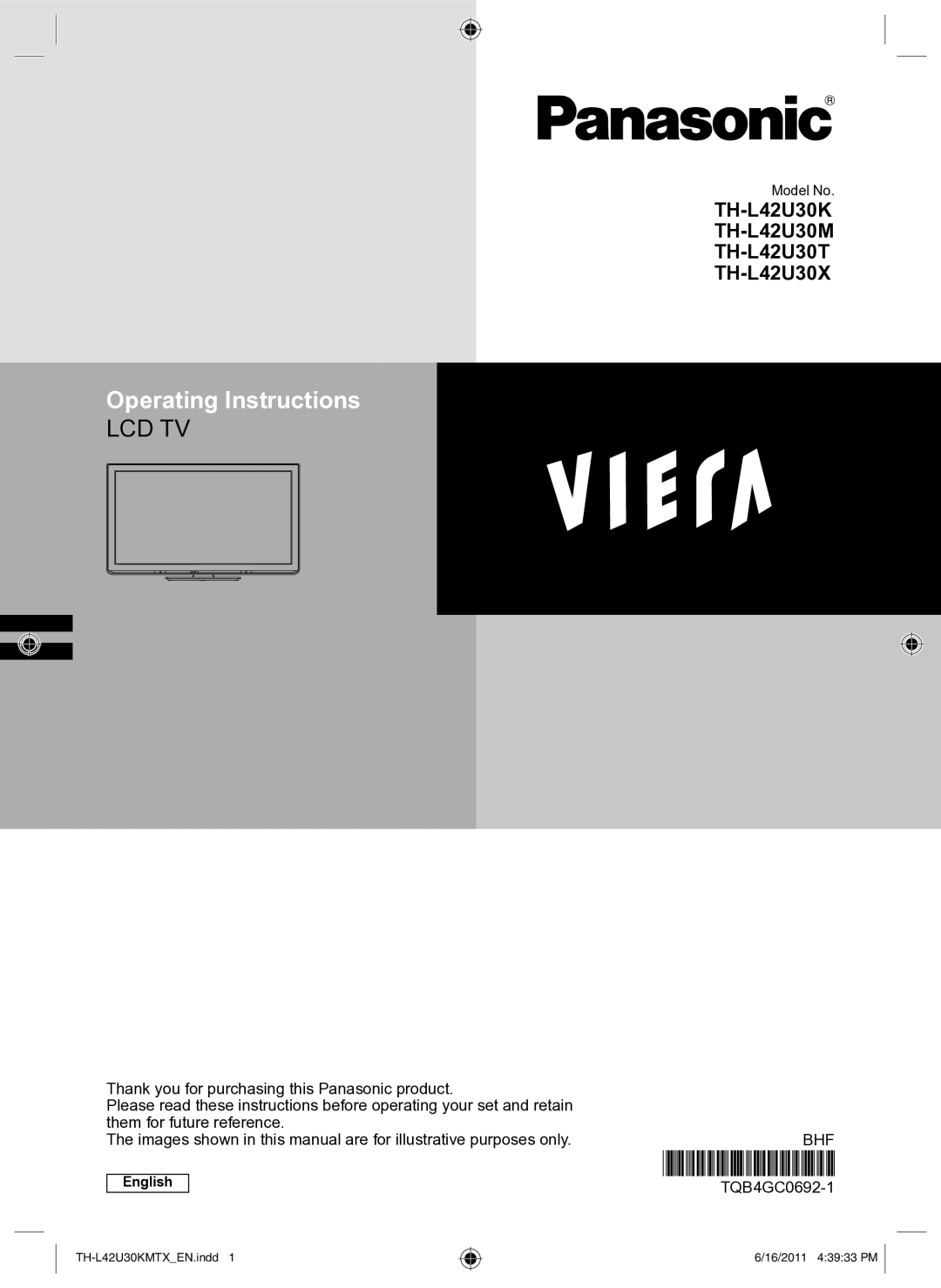 Panasonic TH-L42U30X, TH-L42U30K, TH-L42U30T, TH-L42U30M operating instructions Operating Instructions, TQB4GC0692-1 