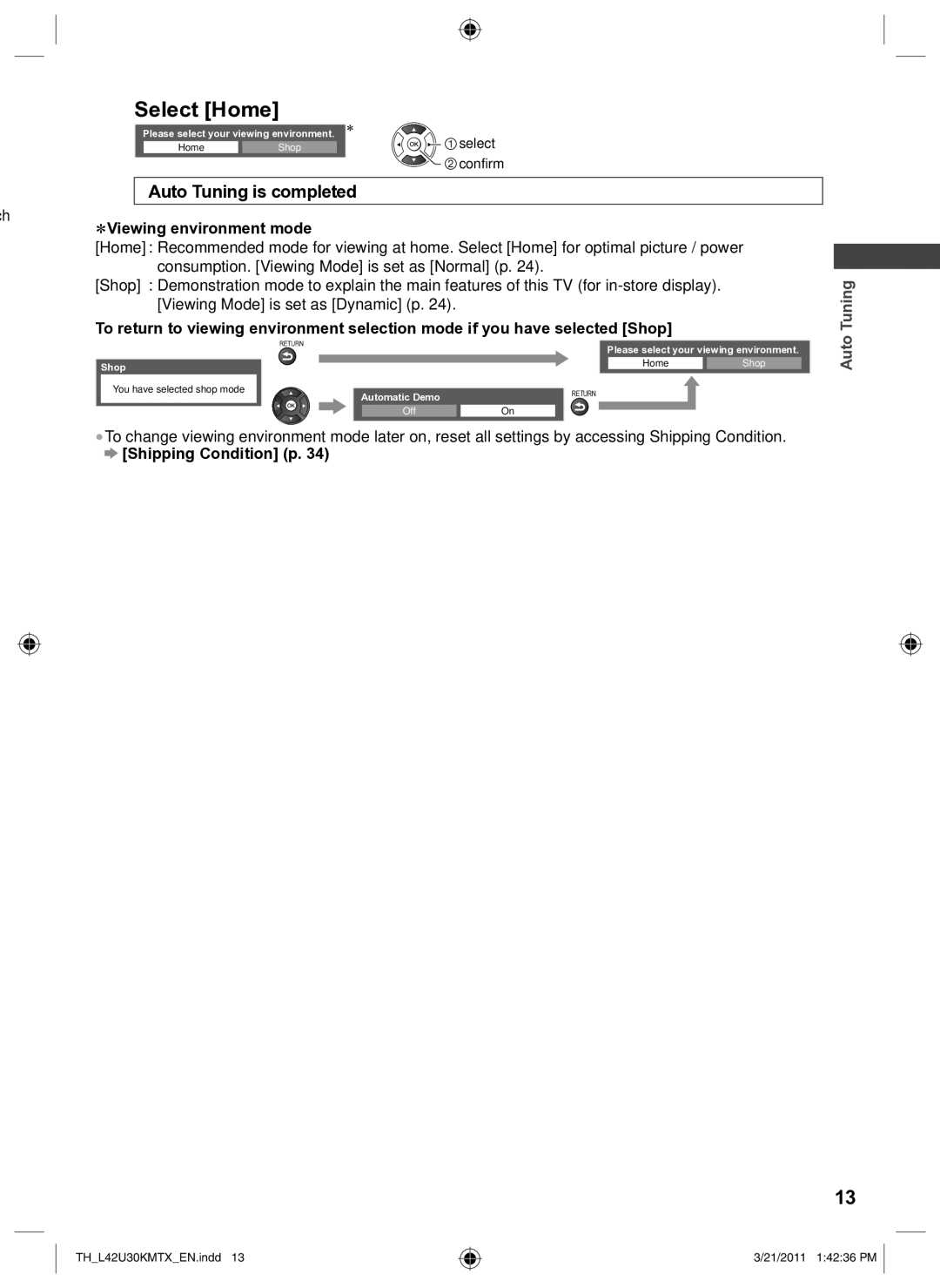 Panasonic TH-L42U30X, TH-L42U30K Select Home, Auto Tuning is completed, ∗Viewing environment mode, Shipping Condition p 