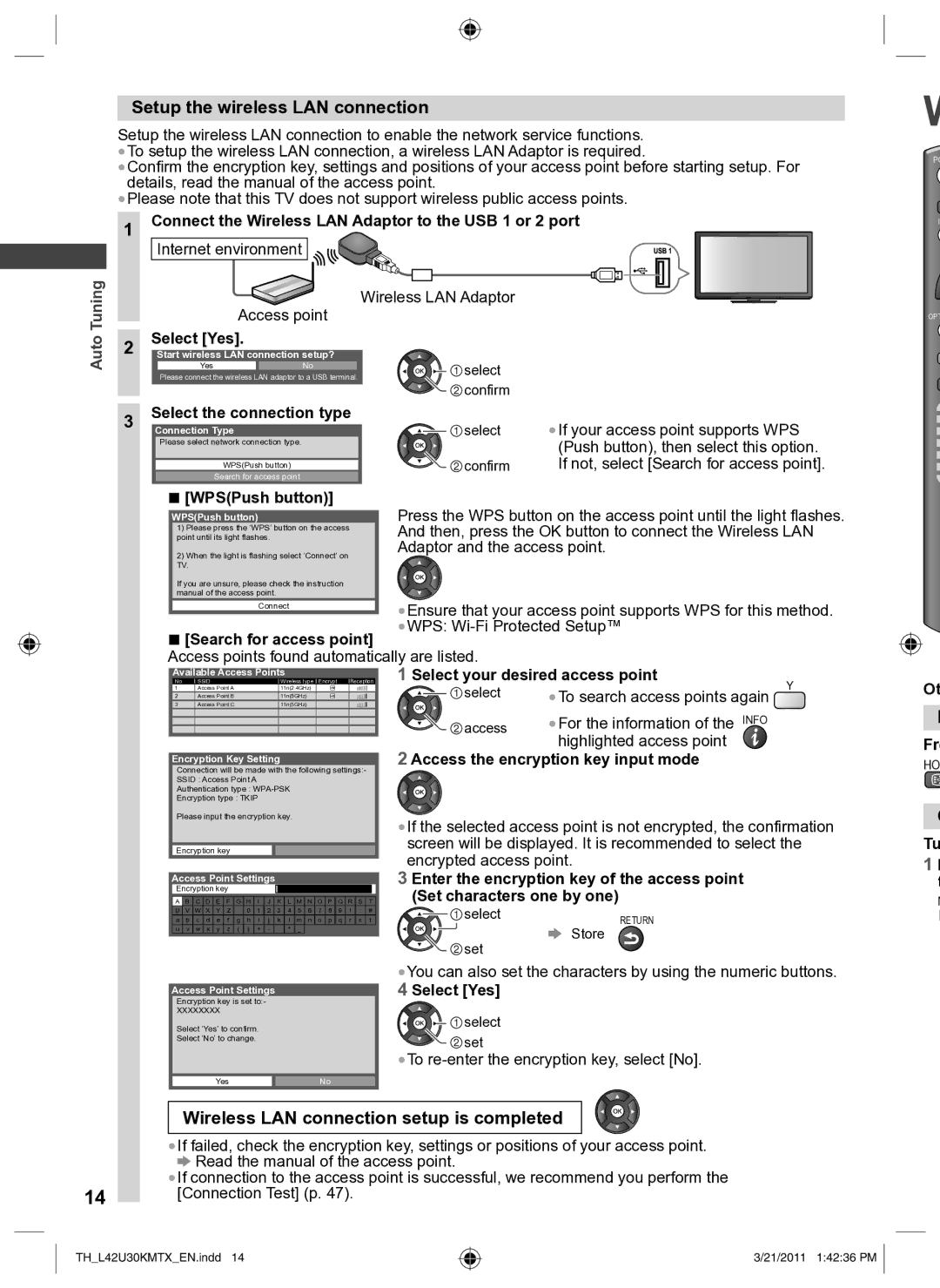 Panasonic TH-L42U30T, TH-L42U30K, TH-L42U30X Setup the wireless LAN connection, Wireless LAN connection setup is completed 