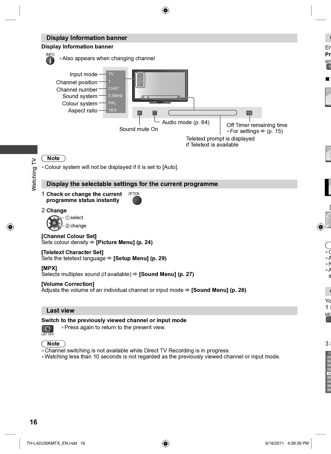 Panasonic TH-L42U30K Display Information banner, Display the selectable settings for the current programme, Last view 