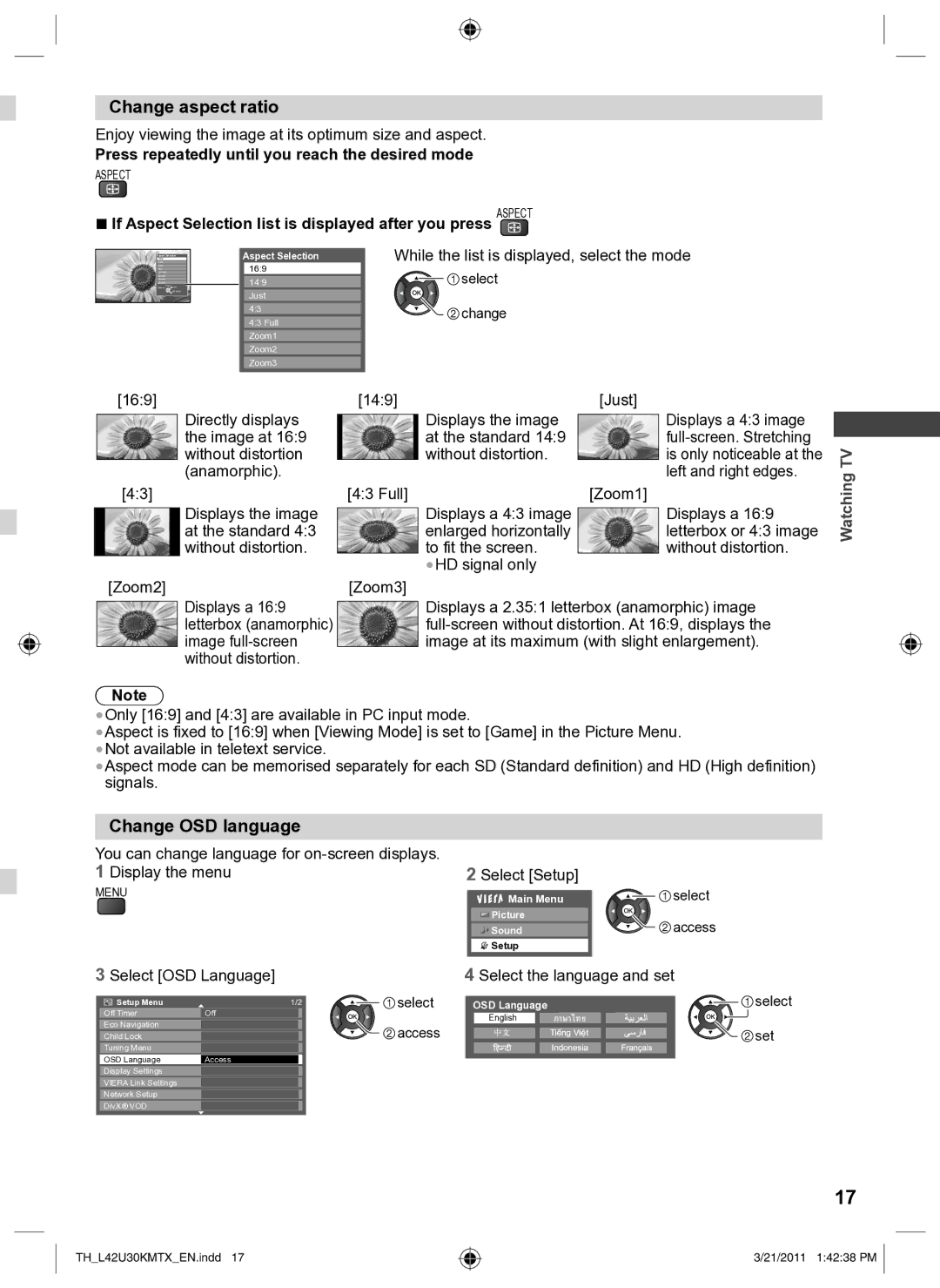 Panasonic TH-L42U30X Change aspect ratio, Change OSD language, Press repeatedly until you reach the desired mode 