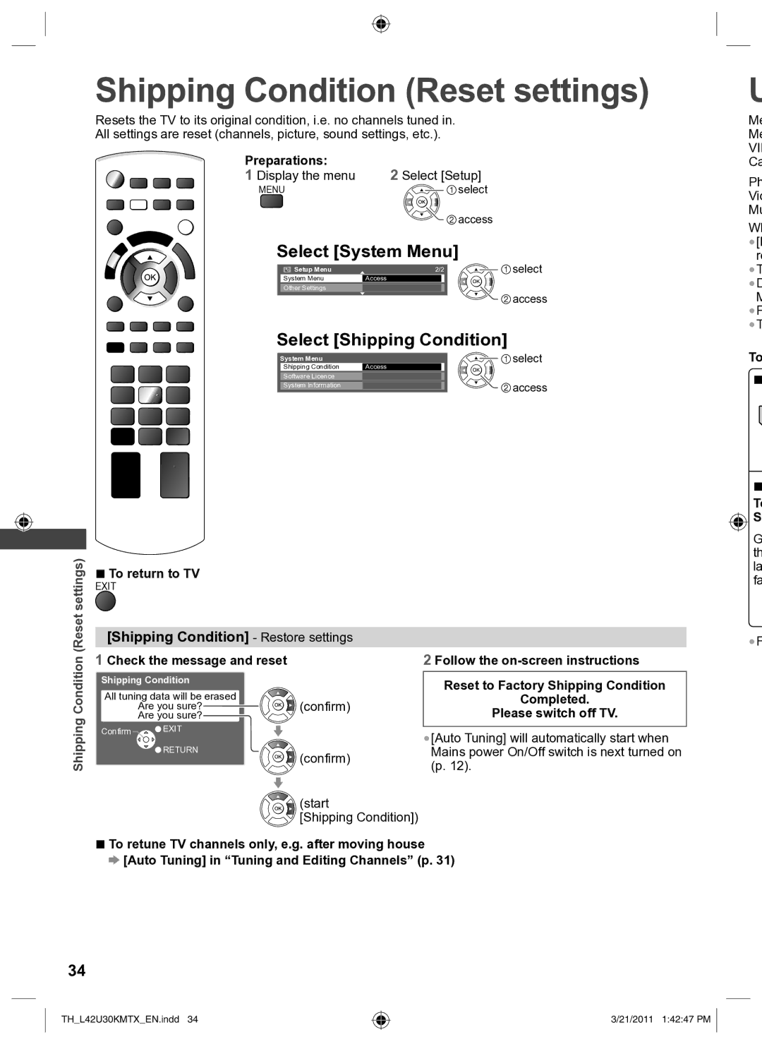 Panasonic TH-L42U30T, TH-L42U30K Shipping Condition Reset settings, Select System Menu, Select Shipping Condition 
