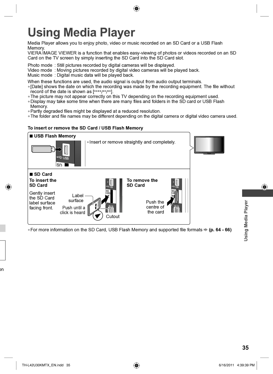 Panasonic TH-L42U30M Using Media Player, To insert or remove the SD Card / USB Flash Memory, SD Card To insert To remove 