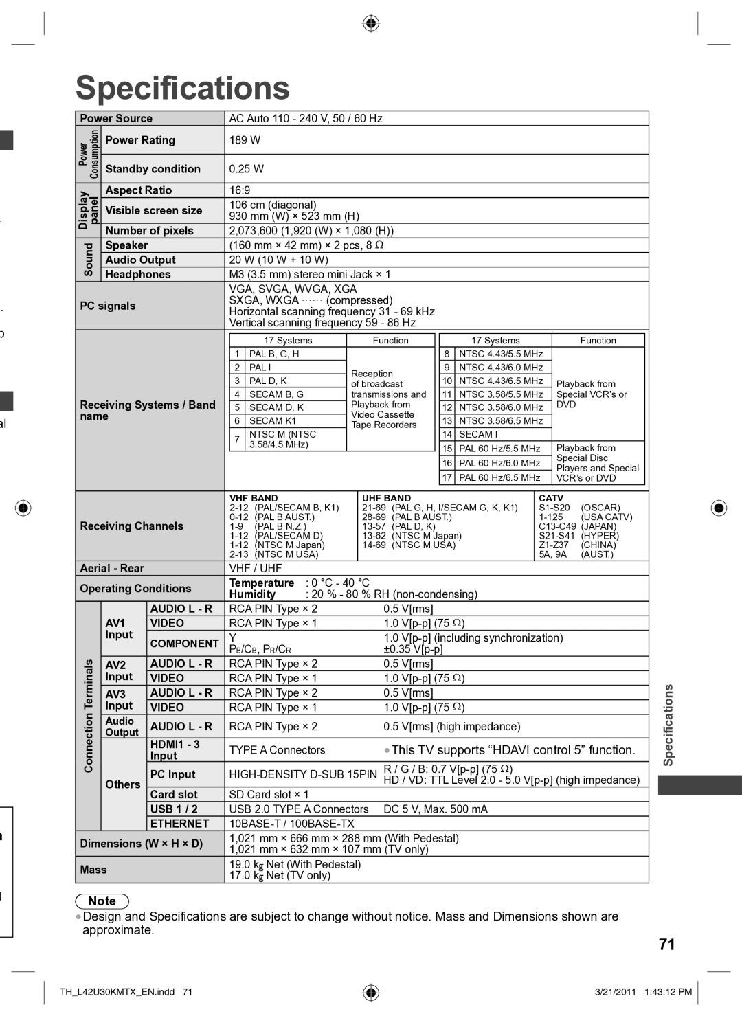 Panasonic TH-L42U30M, TH-L42U30K, TH-L42U30X, TH-L42U30T Specifications, This TV supports Hdavi control 5 function 