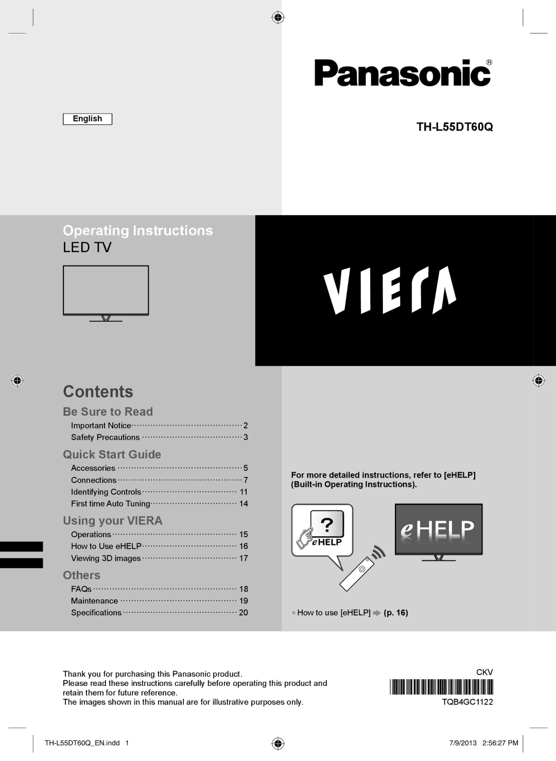 Panasonic TH-L55DT60Q operating instructions Contents 