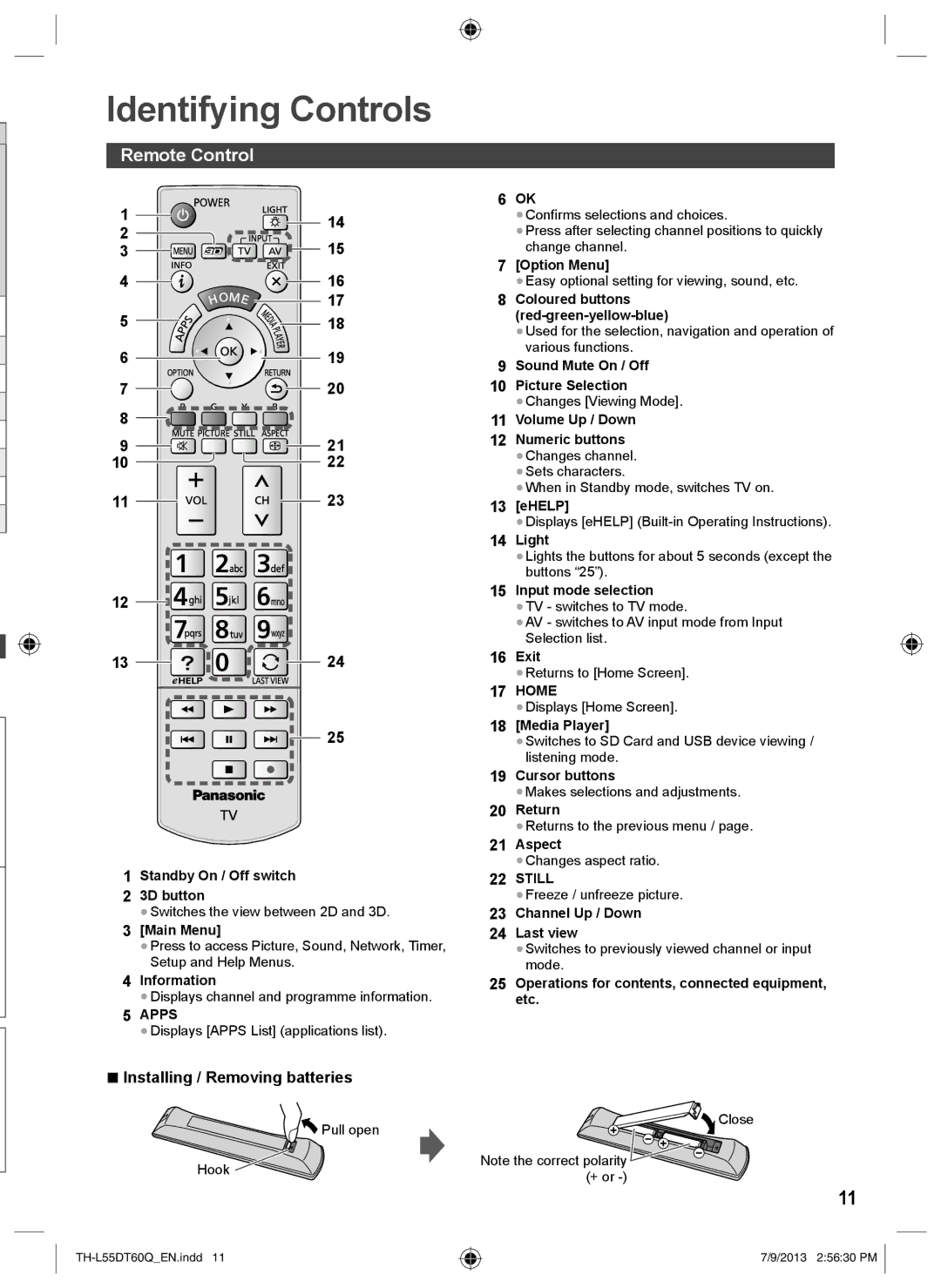 Panasonic TH-L55DT60Q operating instructions Identifying Controls, Remote Control, Installing / Removing batteries 