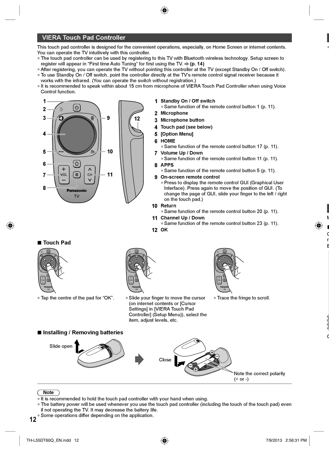 Panasonic TH-L55DT60Q operating instructions Viera Touch Pad Controller 