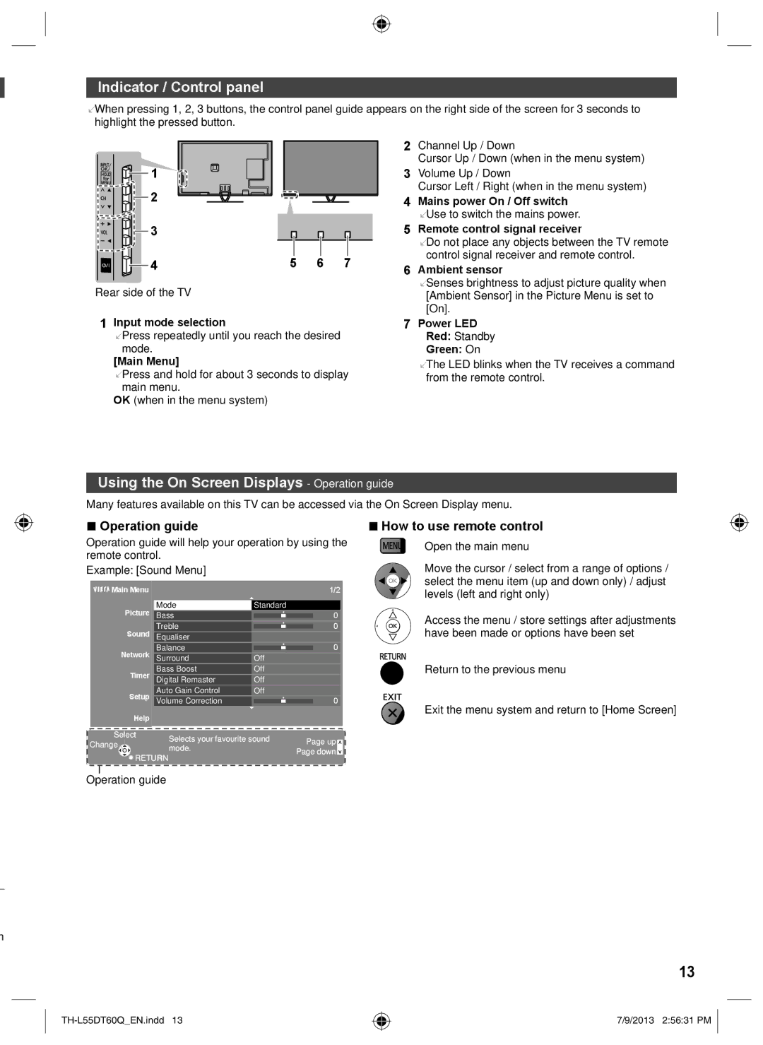 Panasonic TH-L55DT60Q Indicator / Control panel, Using the On Screen Displays Operation guide, How to use remote control 