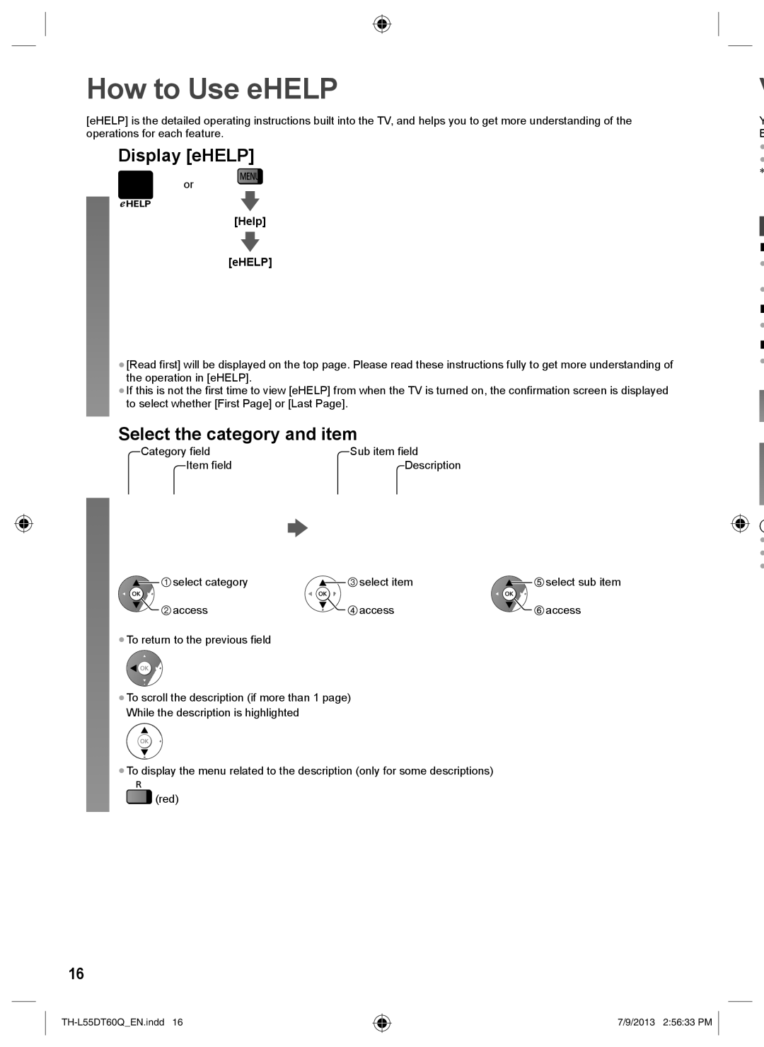 Panasonic TH-L55DT60Q operating instructions How to Use eHELP, Display eHELP, Select the category and item, Help EHELP 