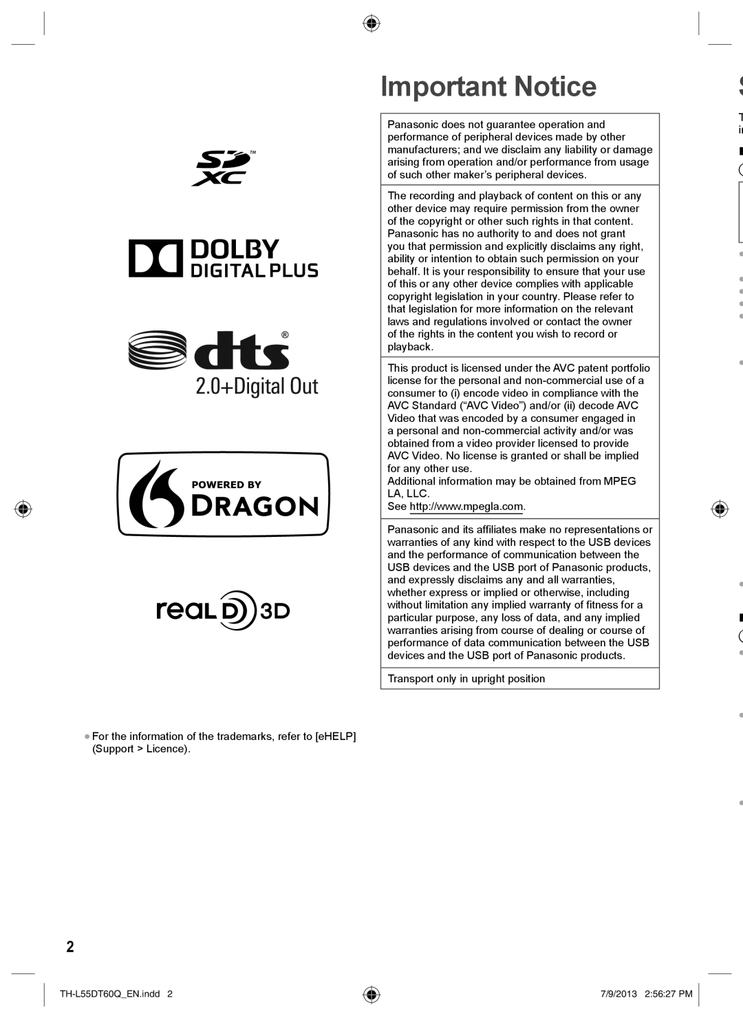 Panasonic TH-L55DT60Q operating instructions Important Notice 