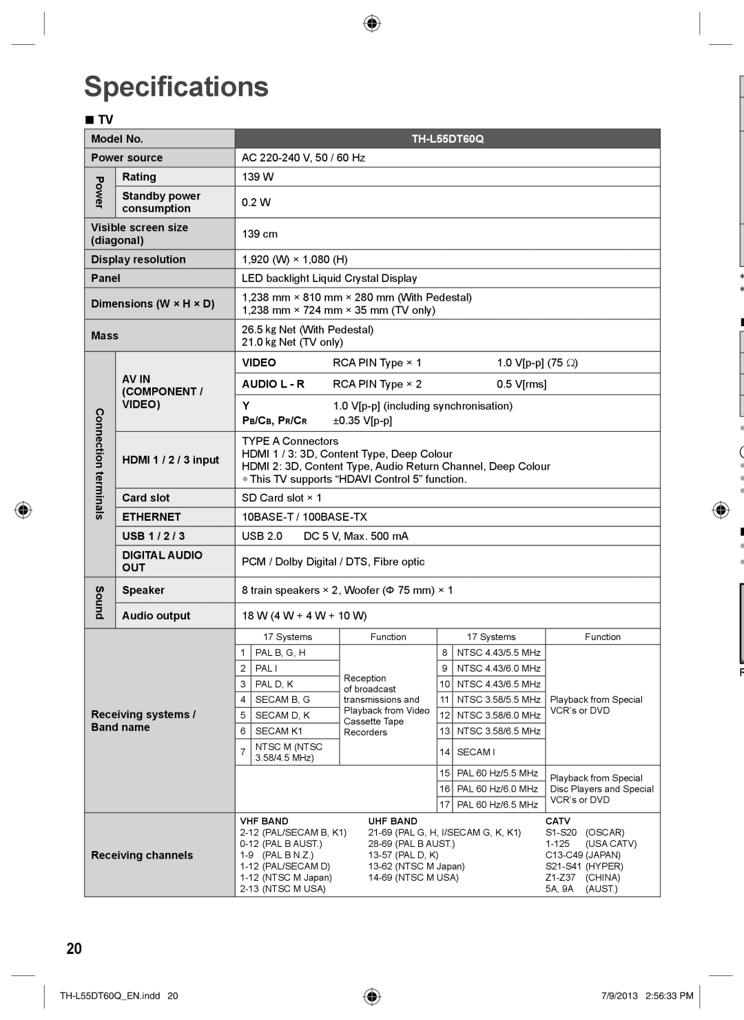 Panasonic TH-L55DT60Q operating instructions Specifications 