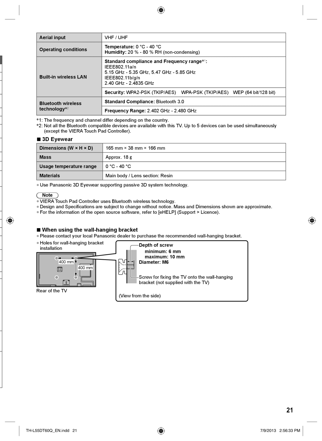 Panasonic TH-L55DT60Q operating instructions 3D Eyewear, When using the wall-hanging bracket 