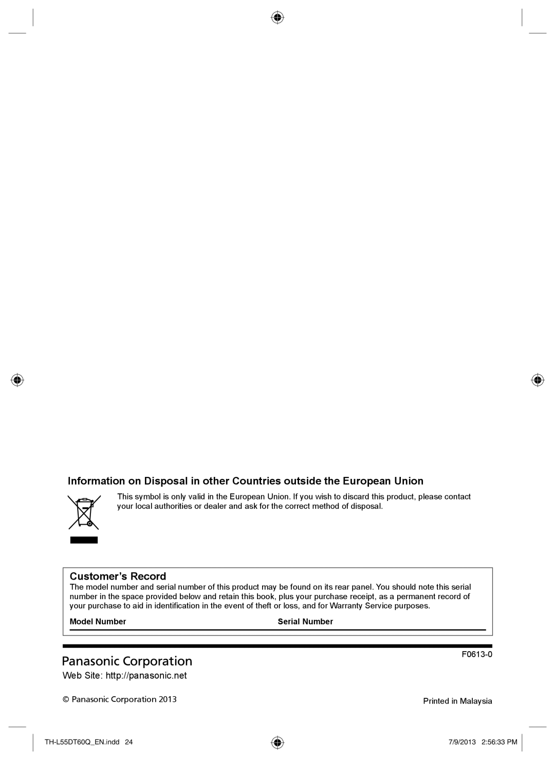 Panasonic TH-L55DT60Q operating instructions Customer’s Record, Model Number Serial Number 