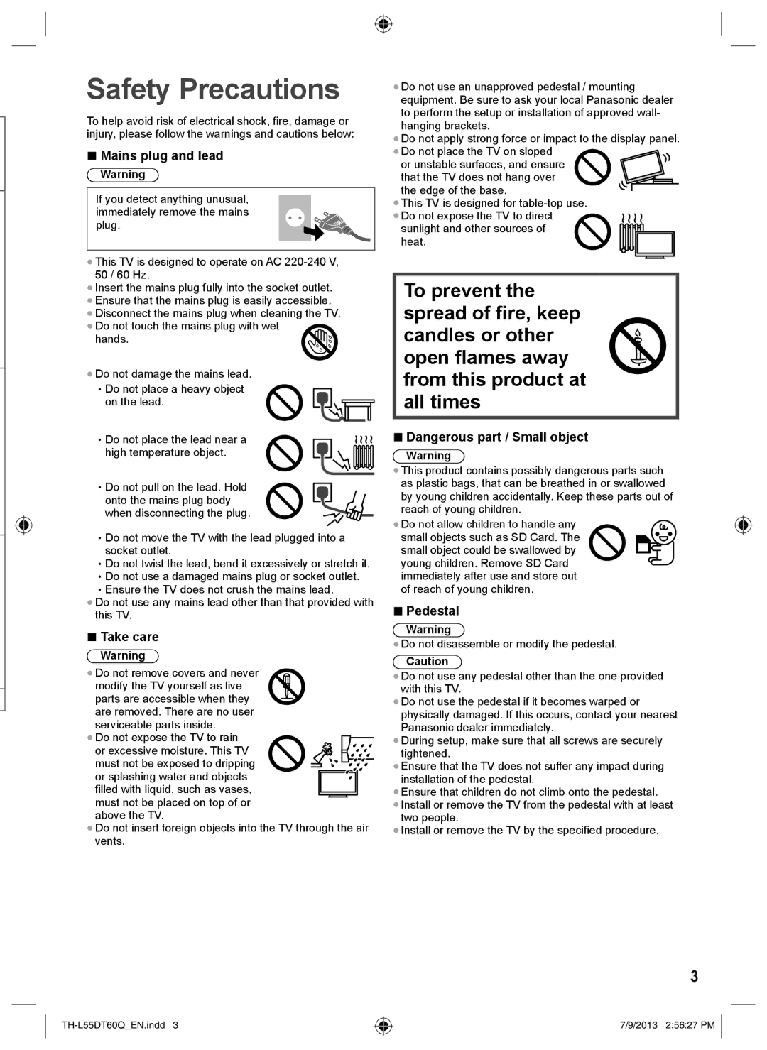 Panasonic TH-L55DT60Q operating instructions Safety Precautions, Mains plug and lead, Take care, Pedestal 