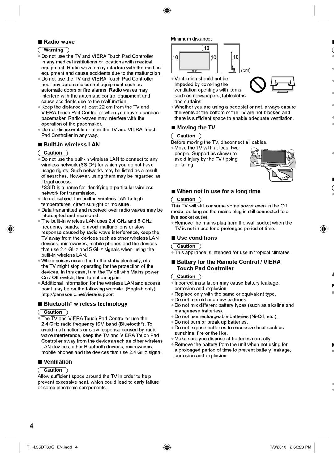 Panasonic TH-L55DT60Q Radio wave, Built-in wireless LAN, Bluetooth wireless technology, Ventilation, Moving the TV 