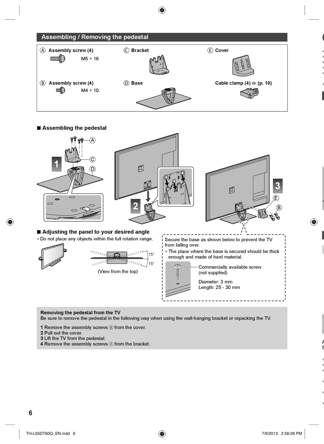 Panasonic TH-L55DT60Q Assembling / Removing the pedestal, Assembly screw Bracket Cover M5 × Base Cable clamp 4 p M4 × 