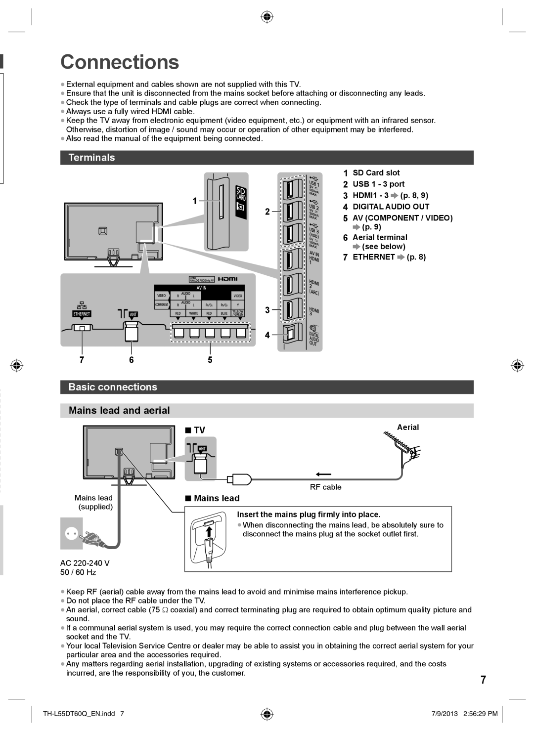 Panasonic TH-L55DT60Q operating instructions Connections, Terminals, Basic connections, Mains lead 