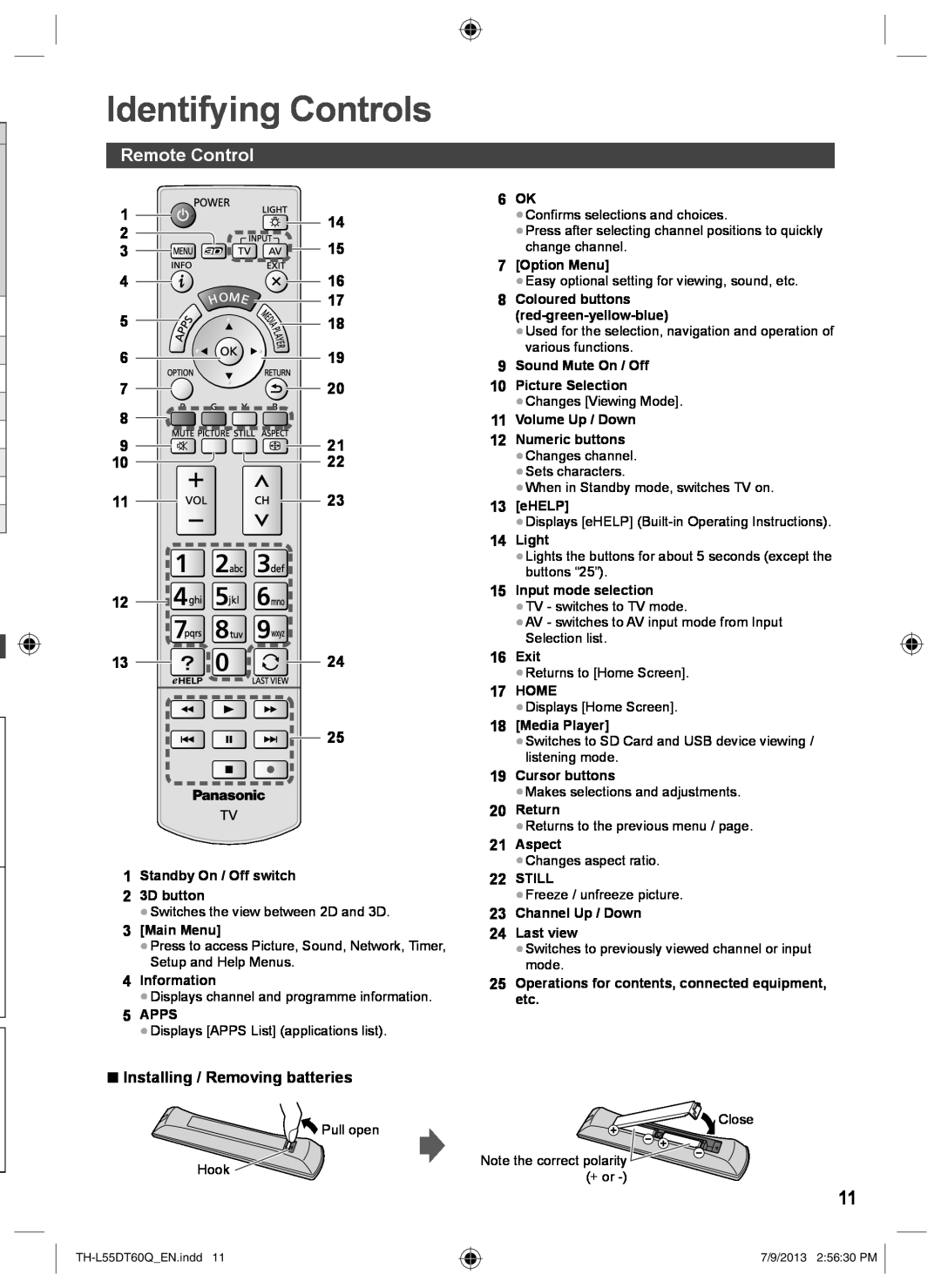 Panasonic TH-L55DT60Q operating instructions Identifying Controls, Remote Control, Installing / Removing batteries 