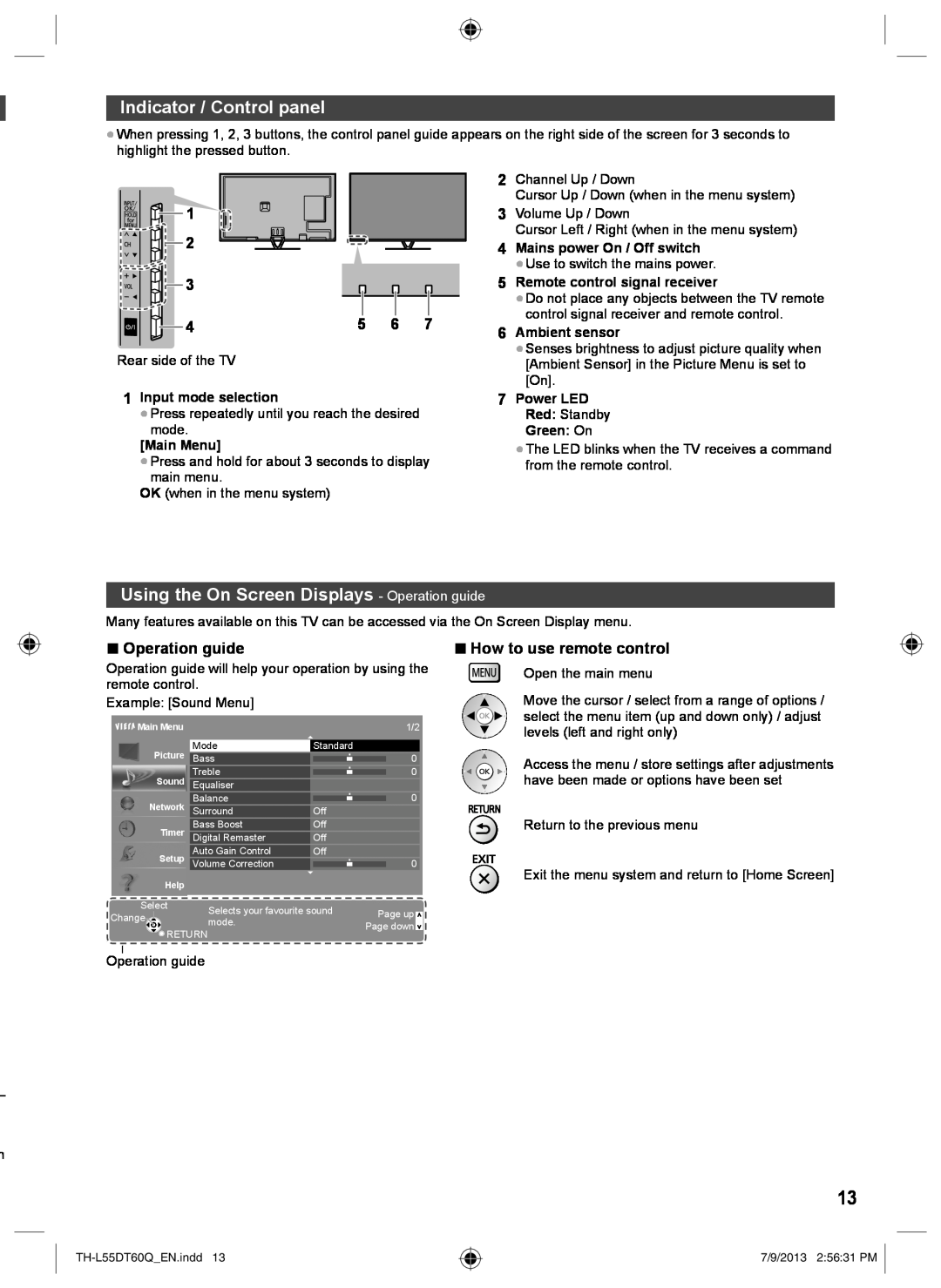 Panasonic TH-L55DT60Q Indicator / Control panel, Using the On Screen Displays - Operation guide, How to use remote control 