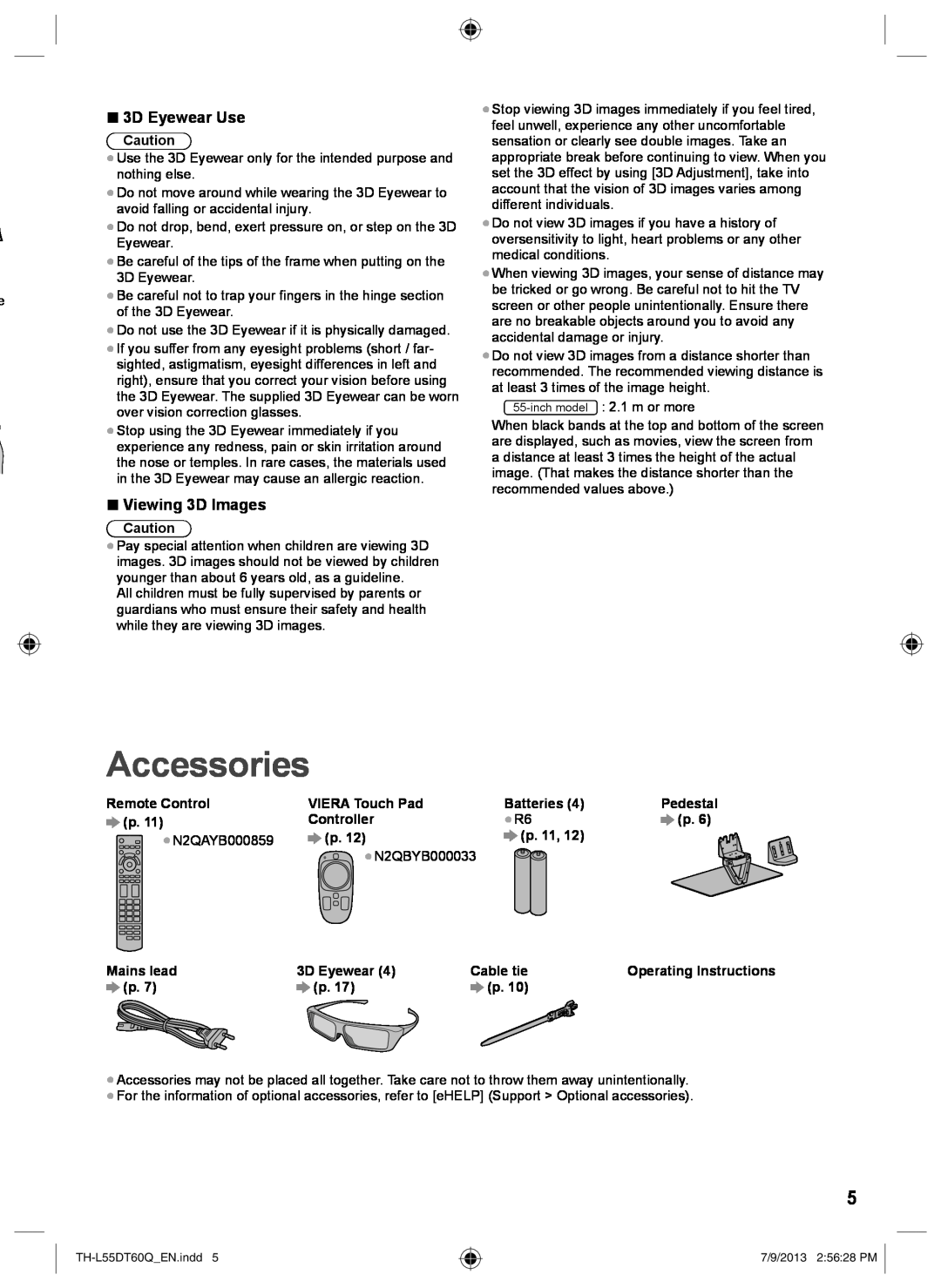 Panasonic TH-L55DT60Q operating instructions Accessories, 3D Eyewear Use, Viewing 3D Images 