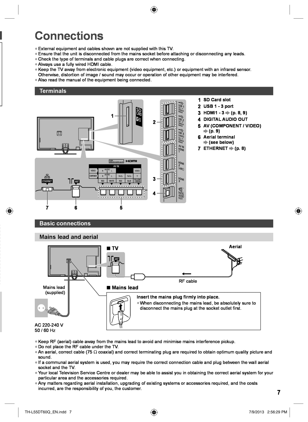 Panasonic TH-L55DT60Q operating instructions Connections, Terminals, Basic connections, Mains lead and aerial 