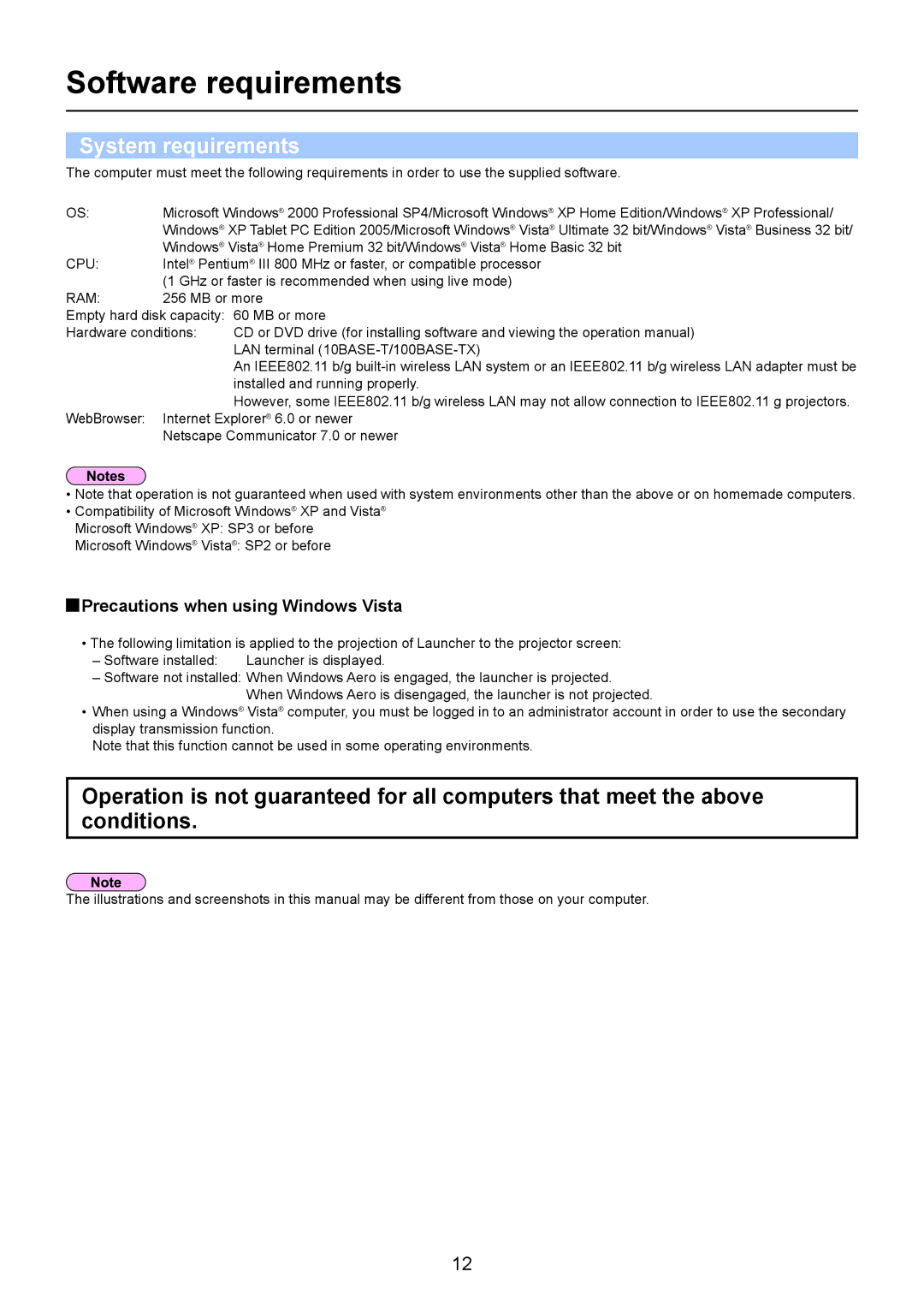 Panasonic TH-LB20NT, TH-LB30NT, PT-LB90NT Software requirements, System requirements, Precautions when using Windows Vista 