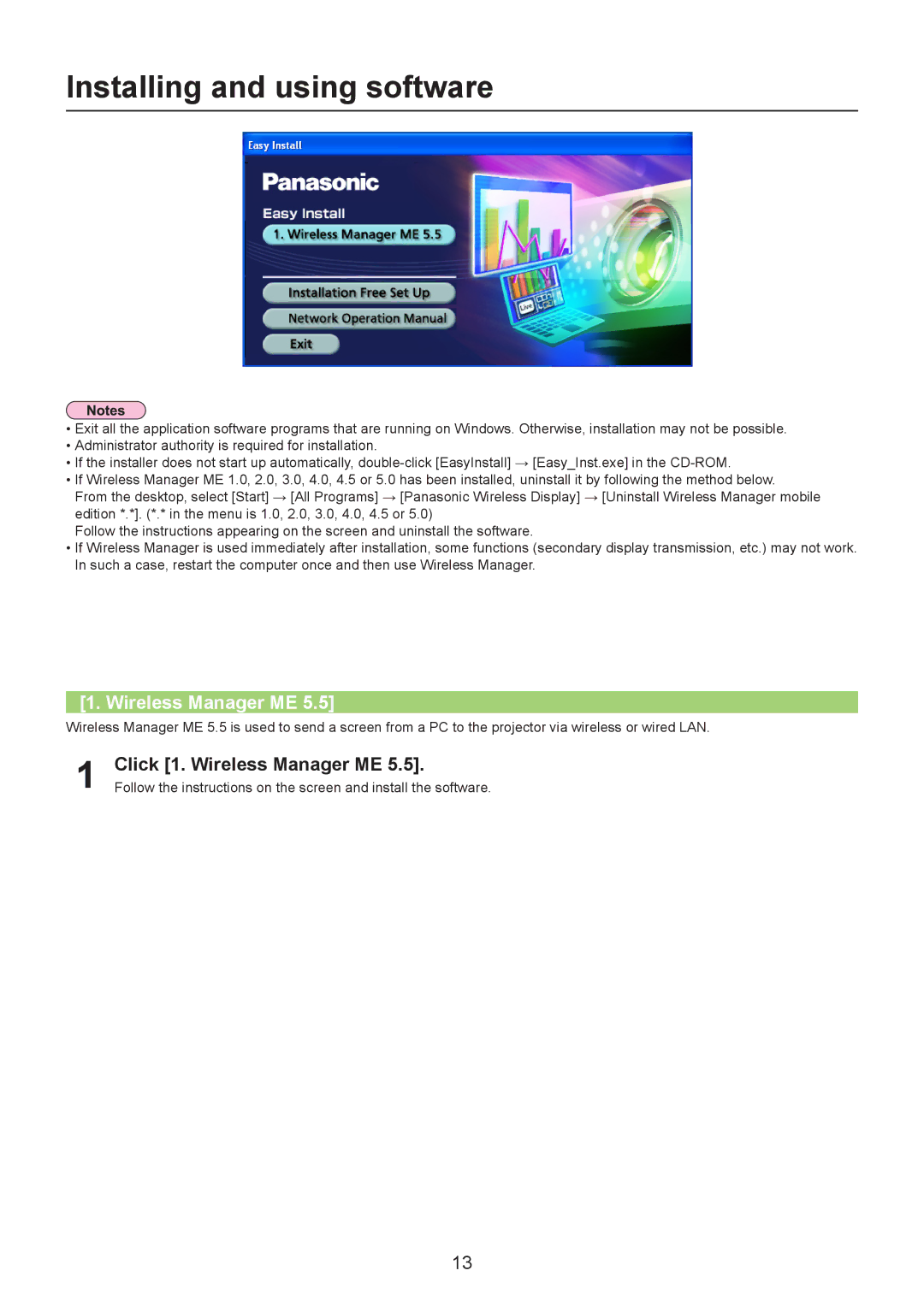 Panasonic TH-LB30NT, TH-LB20NT, PT-LB90NT operation manual Installing and using software, Click 1. Wireless Manager ME 