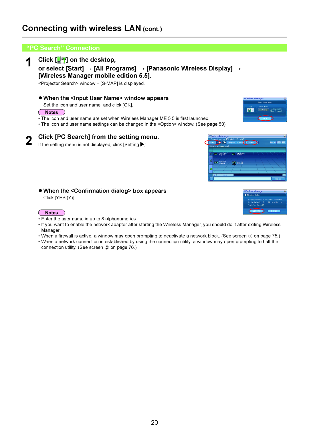 Panasonic PT-LB90NT, TH-LB20NT, TH-LB30NT operation manual PC Search Connection, Click PC Search from the setting menu 