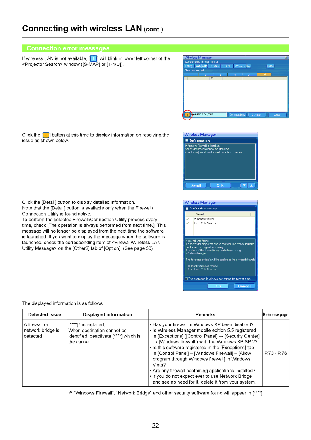 Panasonic TH-LB30NT, TH-LB20NT, PT-LB90NT Connection error messages, Detected issue Displayed information Remarks 