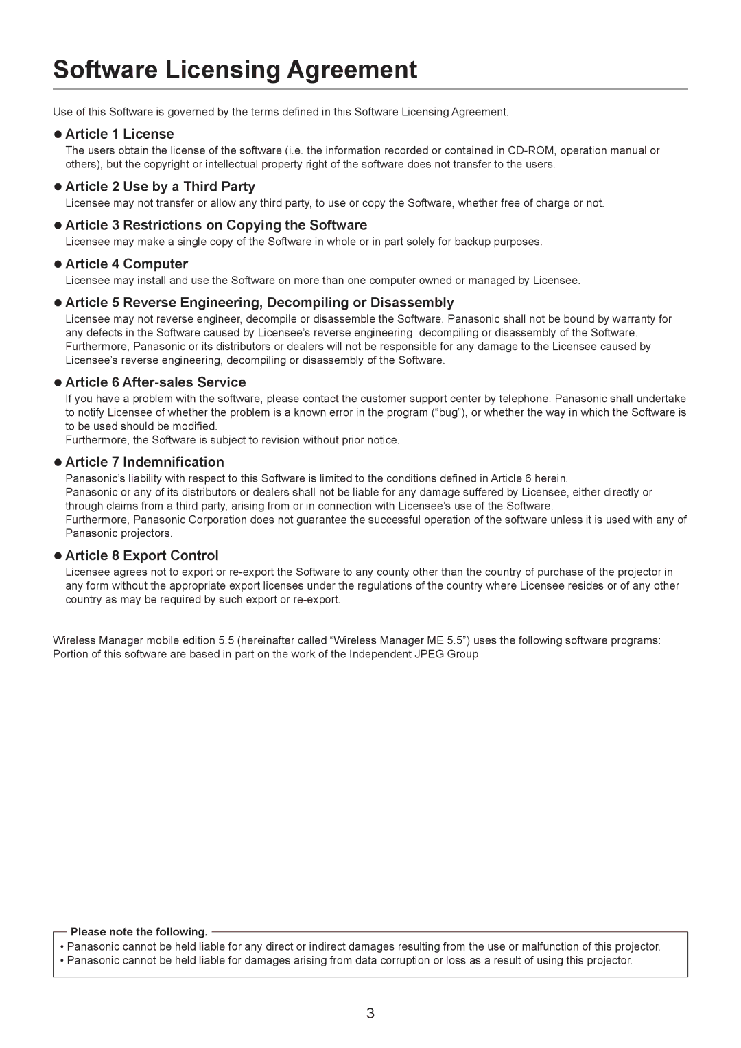 Panasonic TH-LB20NT, TH-LB30NT, PT-LB90NT operation manual Software Licensing Agreement 