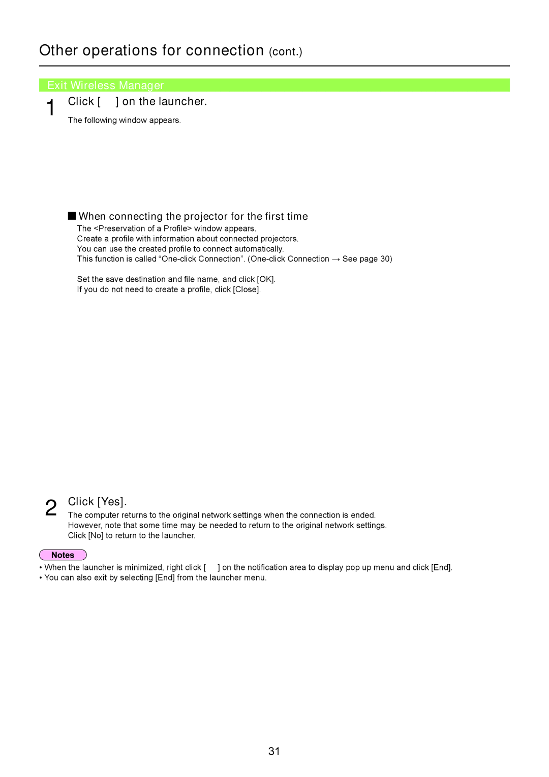 Panasonic TH-LB30NT, TH-LB20NT, PT-LB90NT operation manual Exit Wireless Manager, Click on the launcher, Click Yes 